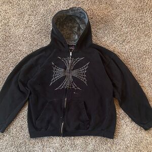 Vintage Men’s Large Heavyweight Cotton Embroidered Black Zip Up Graphic Hoodie